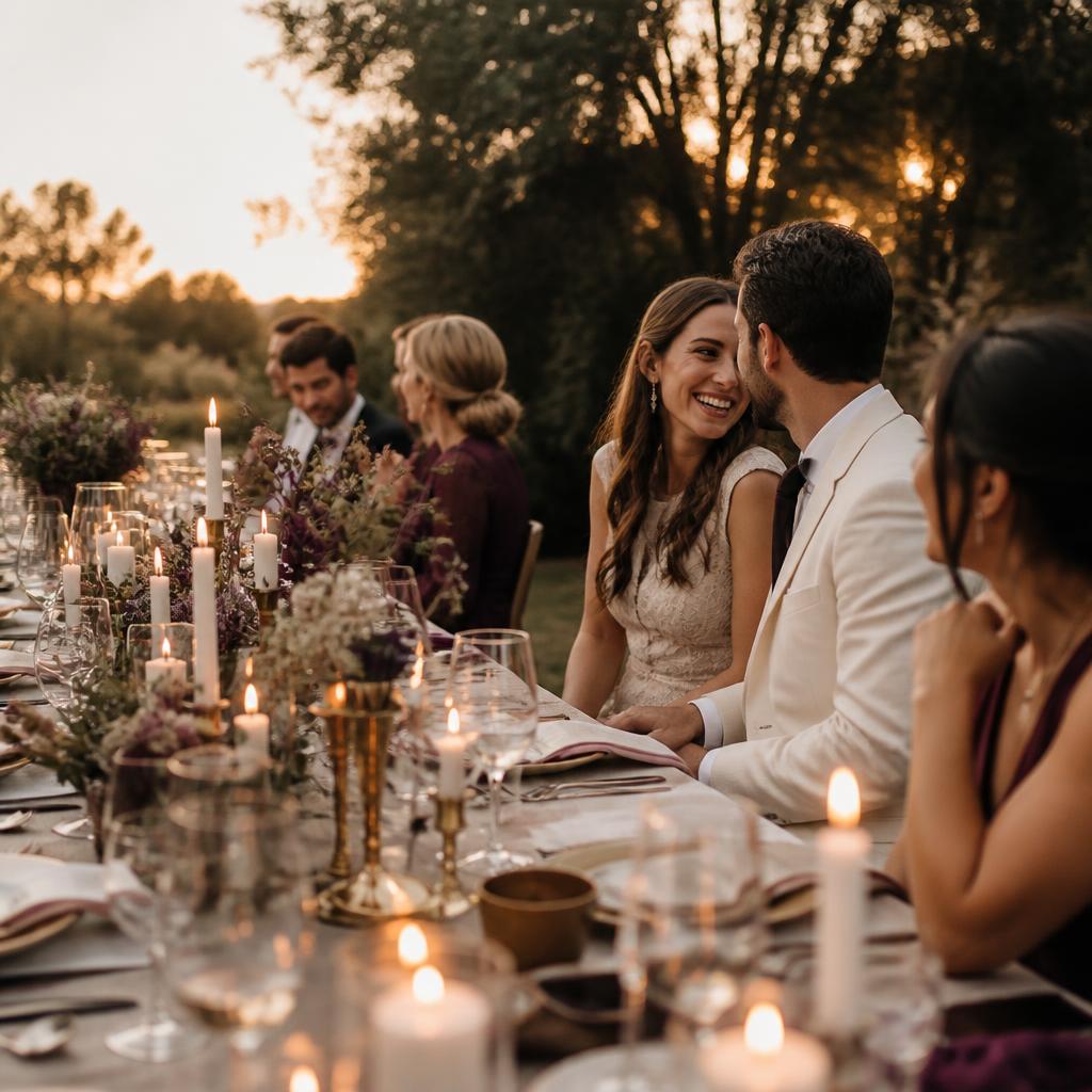 Friends and family sharing an outdoor wedding dinner at sunset