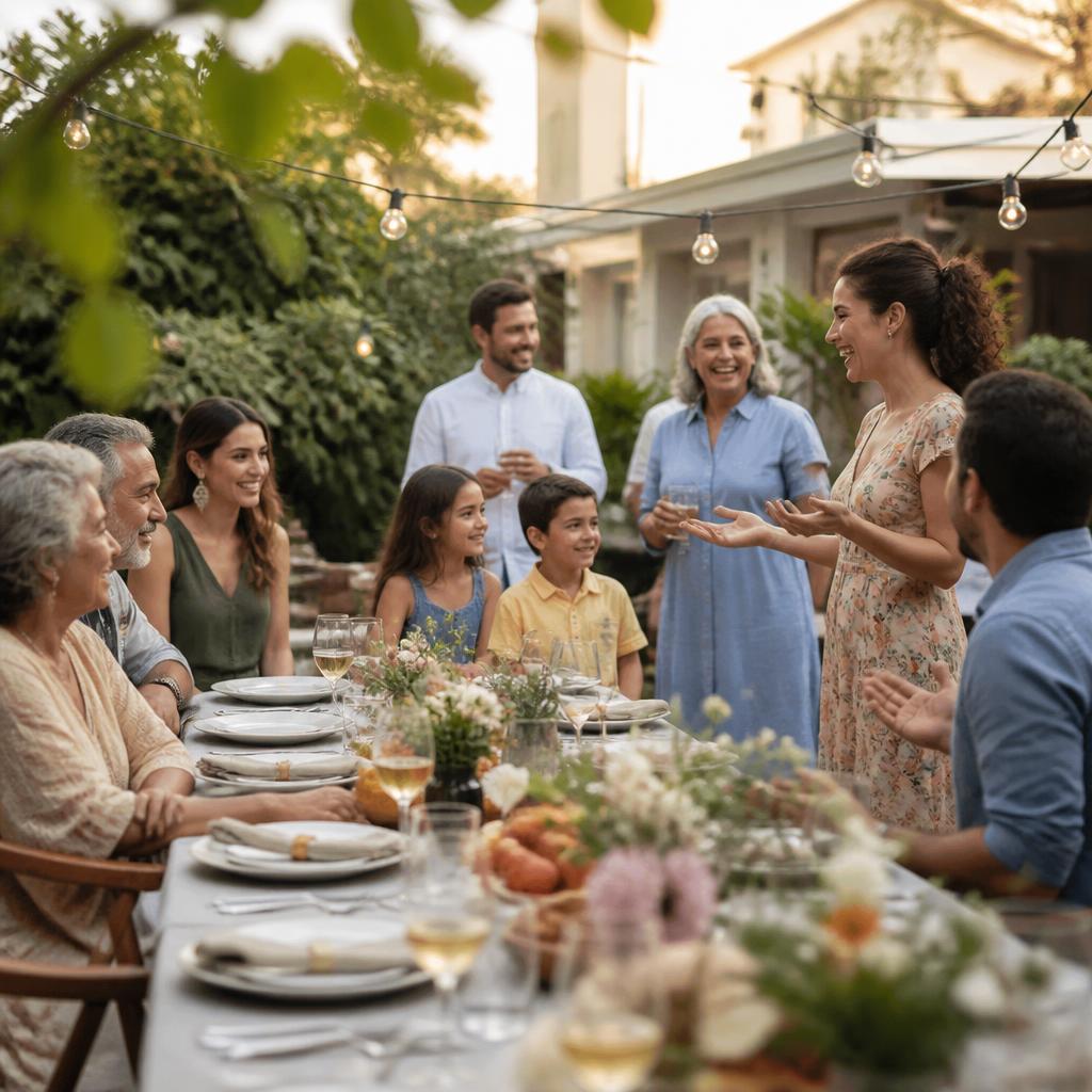 A family gathered around a garden celebration table